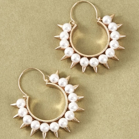 Jewelry - Glamorous Gold Faux Pearl Spike Hoop Earrings